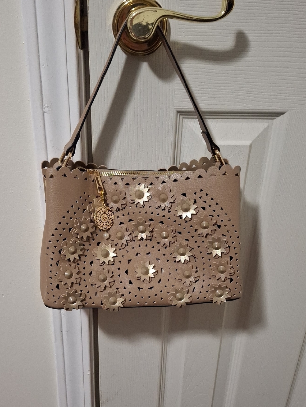 Taupe Floral Laser Cut Shoulder/Crossbody Bag with Gold Mandala Pearl Zip Pull